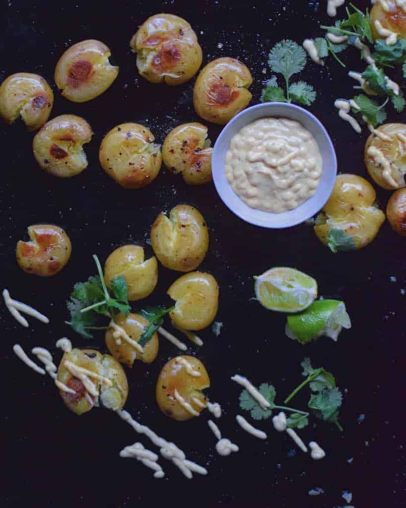 Smashed Potatoes + Tahini Nutritional Yeast Drizzle FoodByMaria