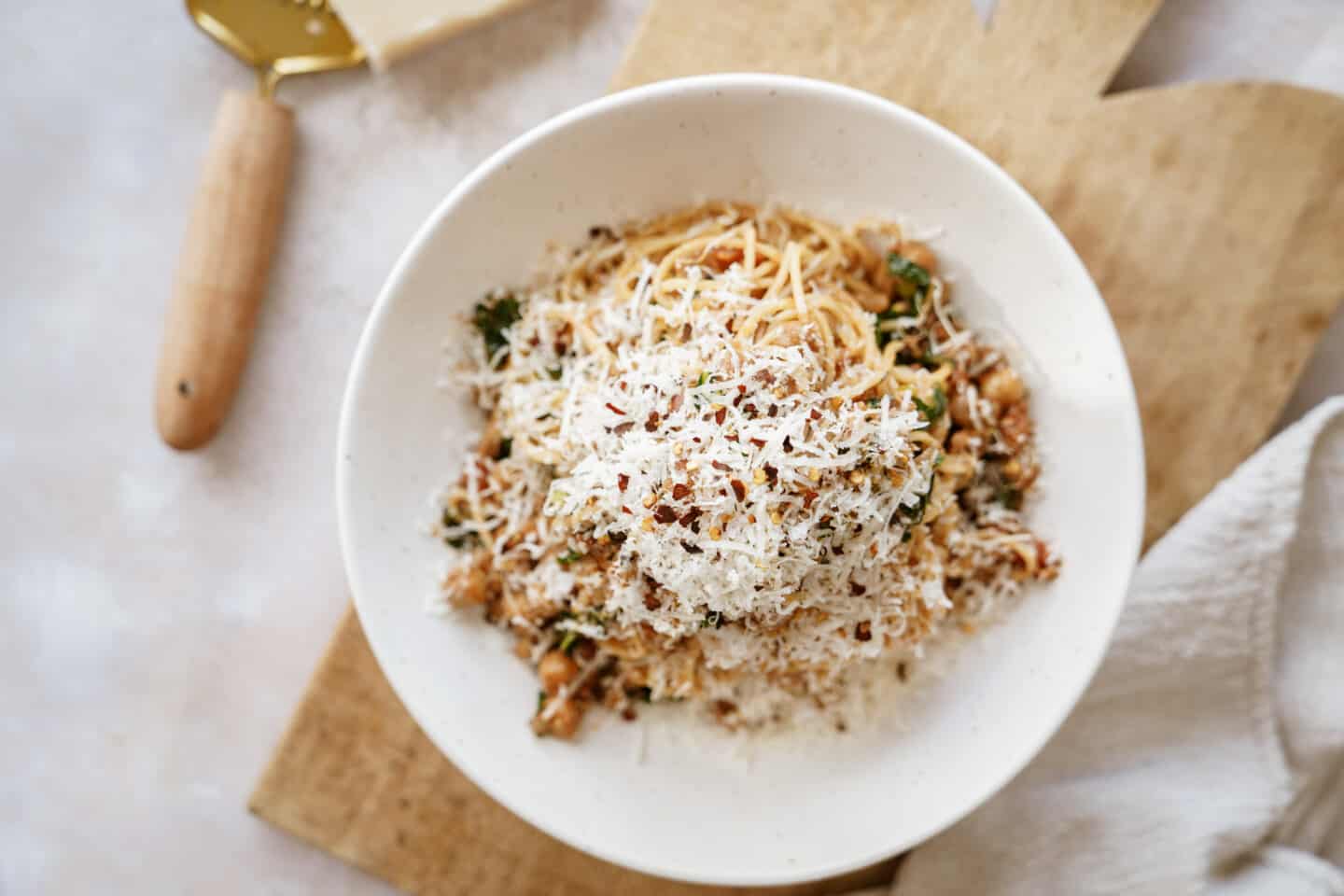 Chickpea pasta in a white bowl