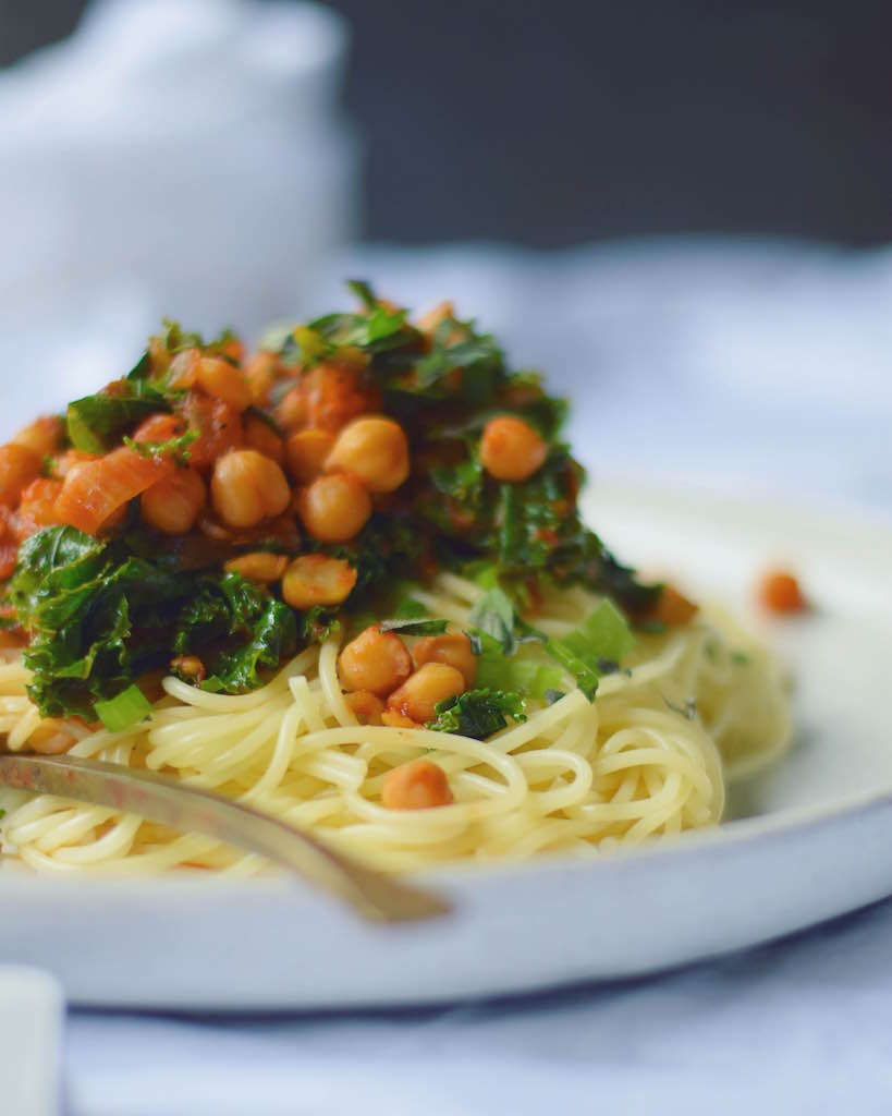 FoodByMaria shares her Greek Style Tomato Sauce with Chickpeas + Kale