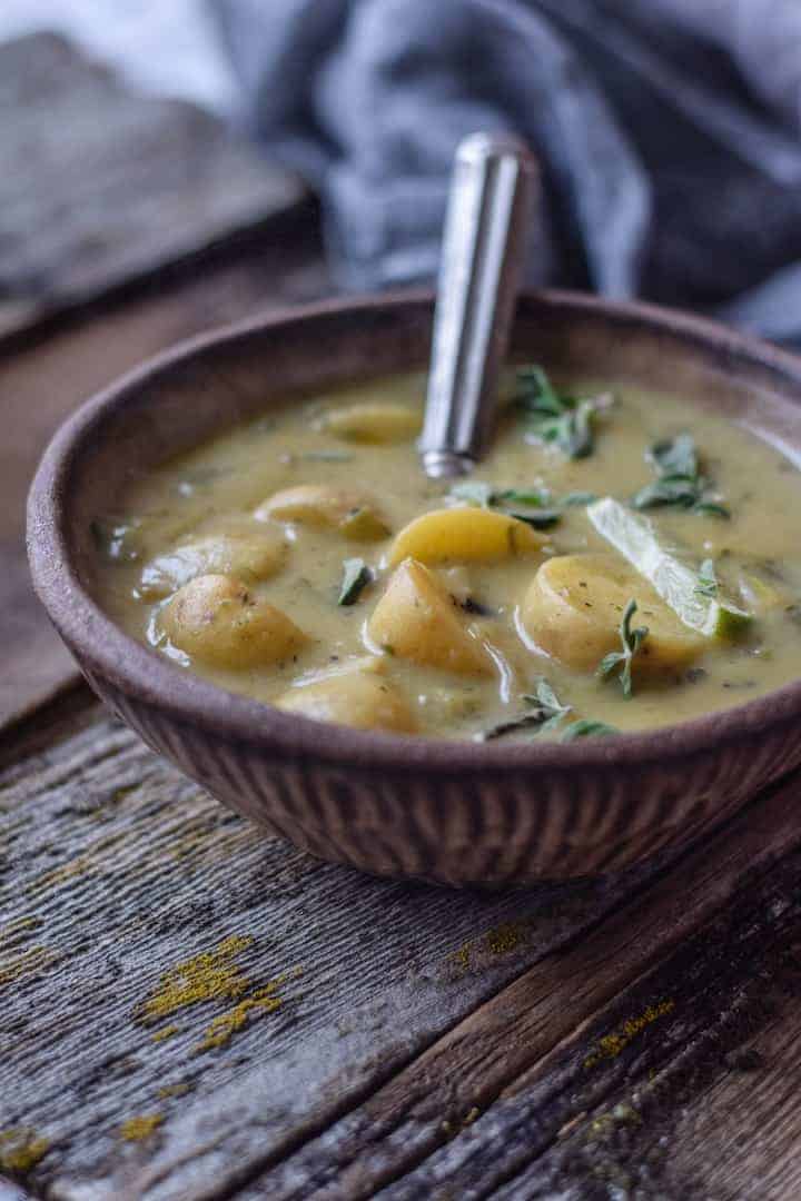 Leek and Potato Soup in a serving bowl. One of my favorite soup recipes