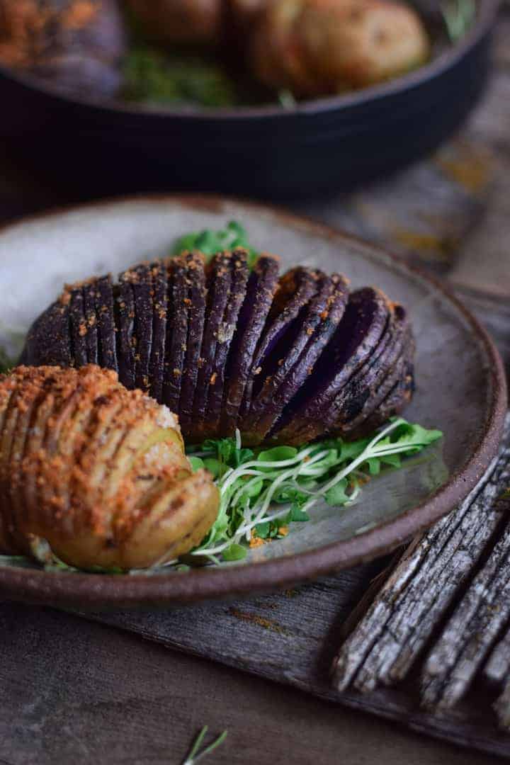 Close-up of my hasselback potatoes recipes on a plate