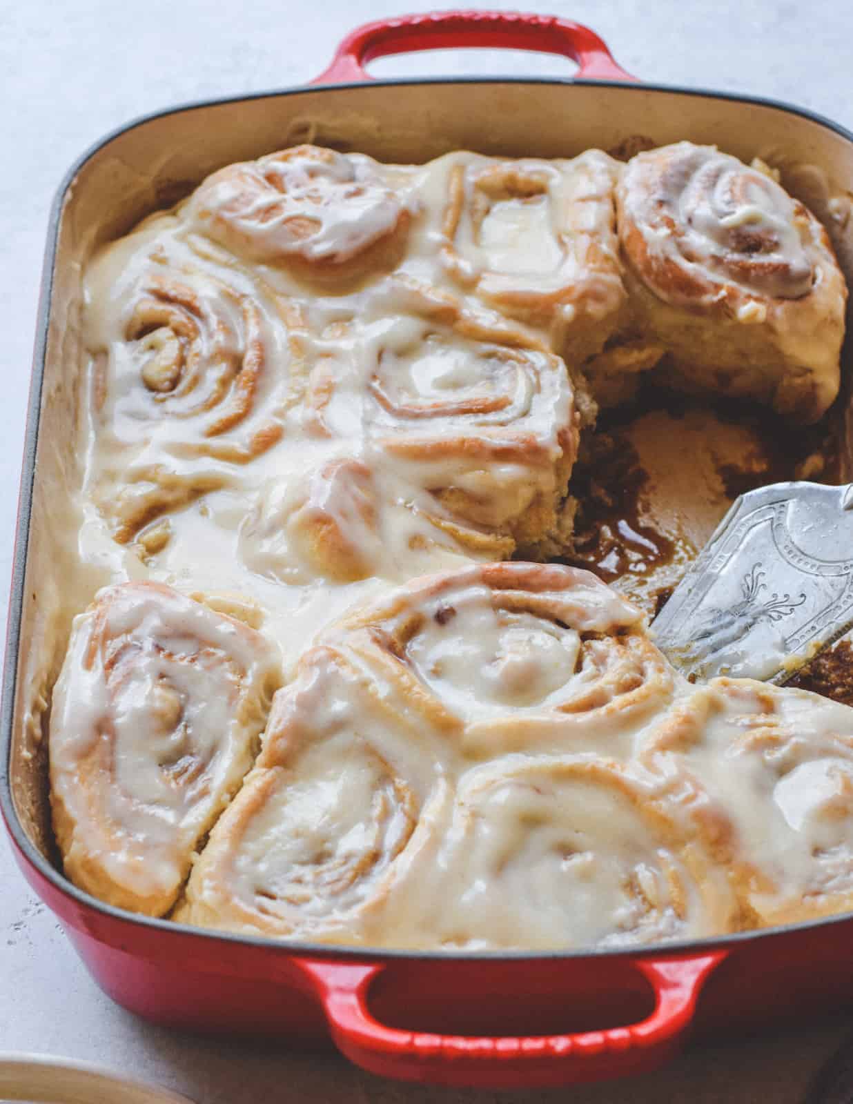 Vegan cinnamon rolls in a casserole dish