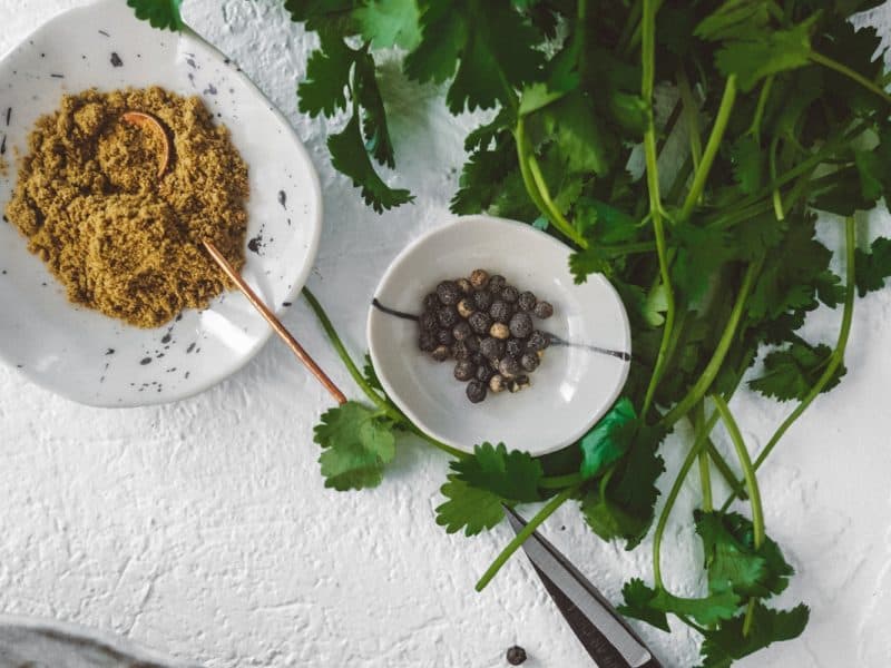 The spices that go into the yummy curry chips sauce in mini bowls next to fresh cilantro.