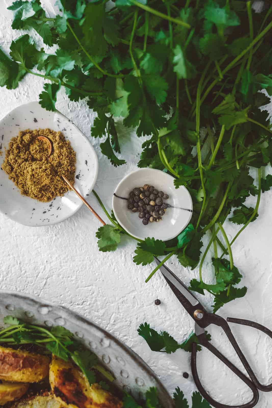 The spices that go into the yummy curry chips sauce in mini bowls next to fresh cilantro.