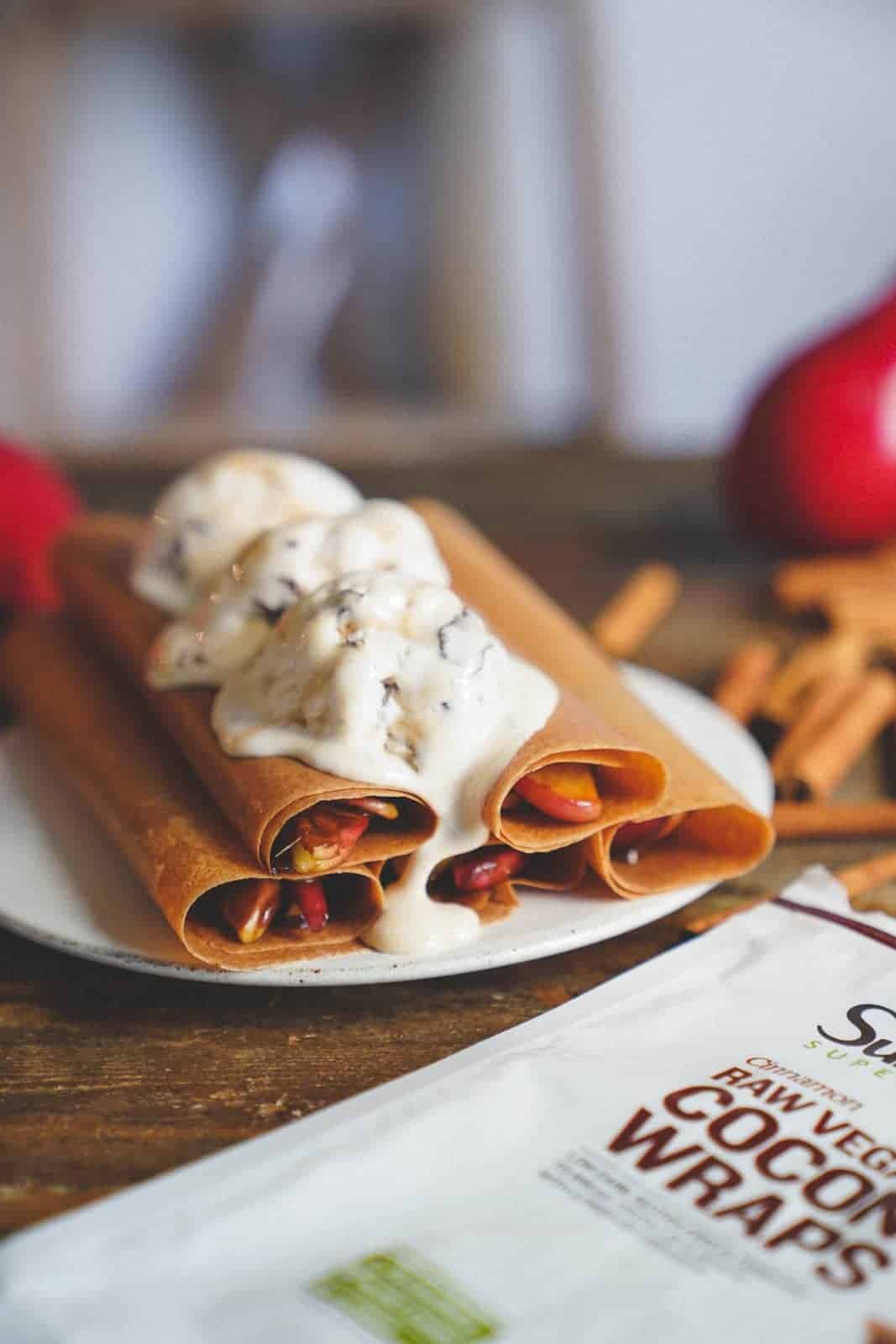 This super easy vegan dessert recipe is comforting, warm and perfect for the fall weather made with apples, pears and Sunfoods coconut wraps.