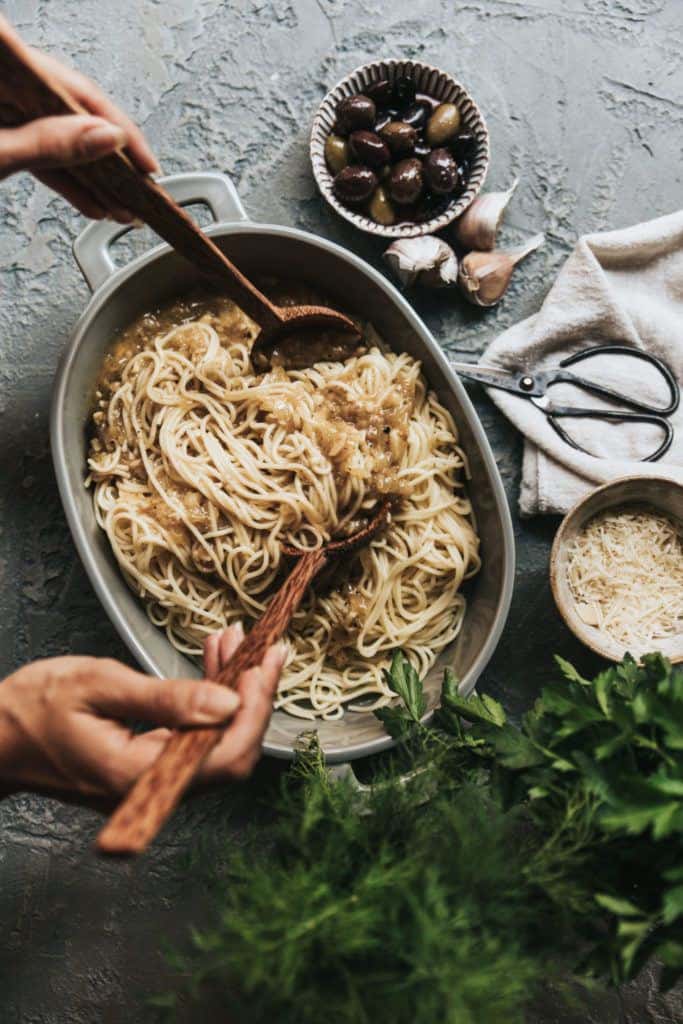 Vegan Truffle Pasta in a serving dish.