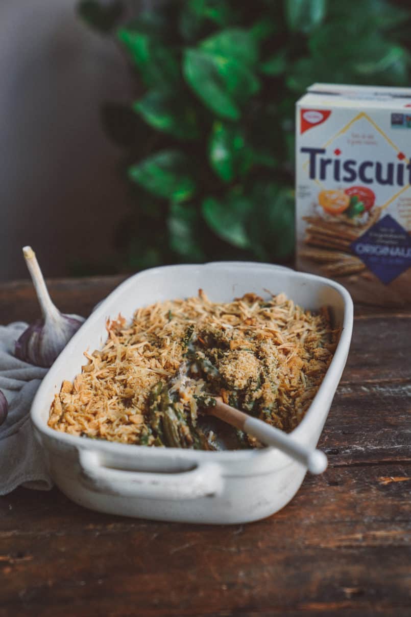 Take your holiday side dish to the next level with this vegan green bean casserole finished with a crunchy Triscuit cracker topping. 