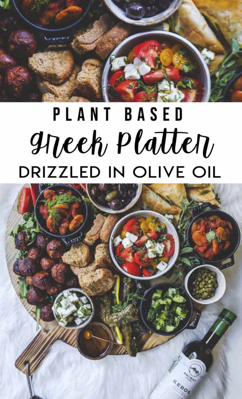 This plant based Greek platter drizzled with Ancient Foods olive oil will please all of your guests. I've included three vegan recipes in this post.