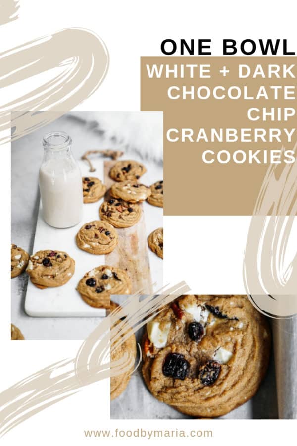 These plant-based, one bowl, white and dark chocolate chip cranberry cookies are super easy to make and are perfectly chewy and delicious!