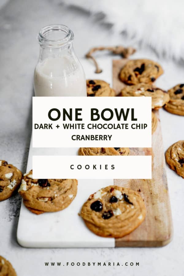 These plant-based, one bowl, white and dark chocolate chip cranberry cookies are super easy to make and are perfectly chewy and delicious!