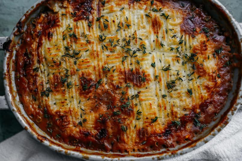 We are stuck in the middle of a polar vortex and all I want to do is eat this warm, plant-based, comfort in a casserole dish, shepherd's pie.