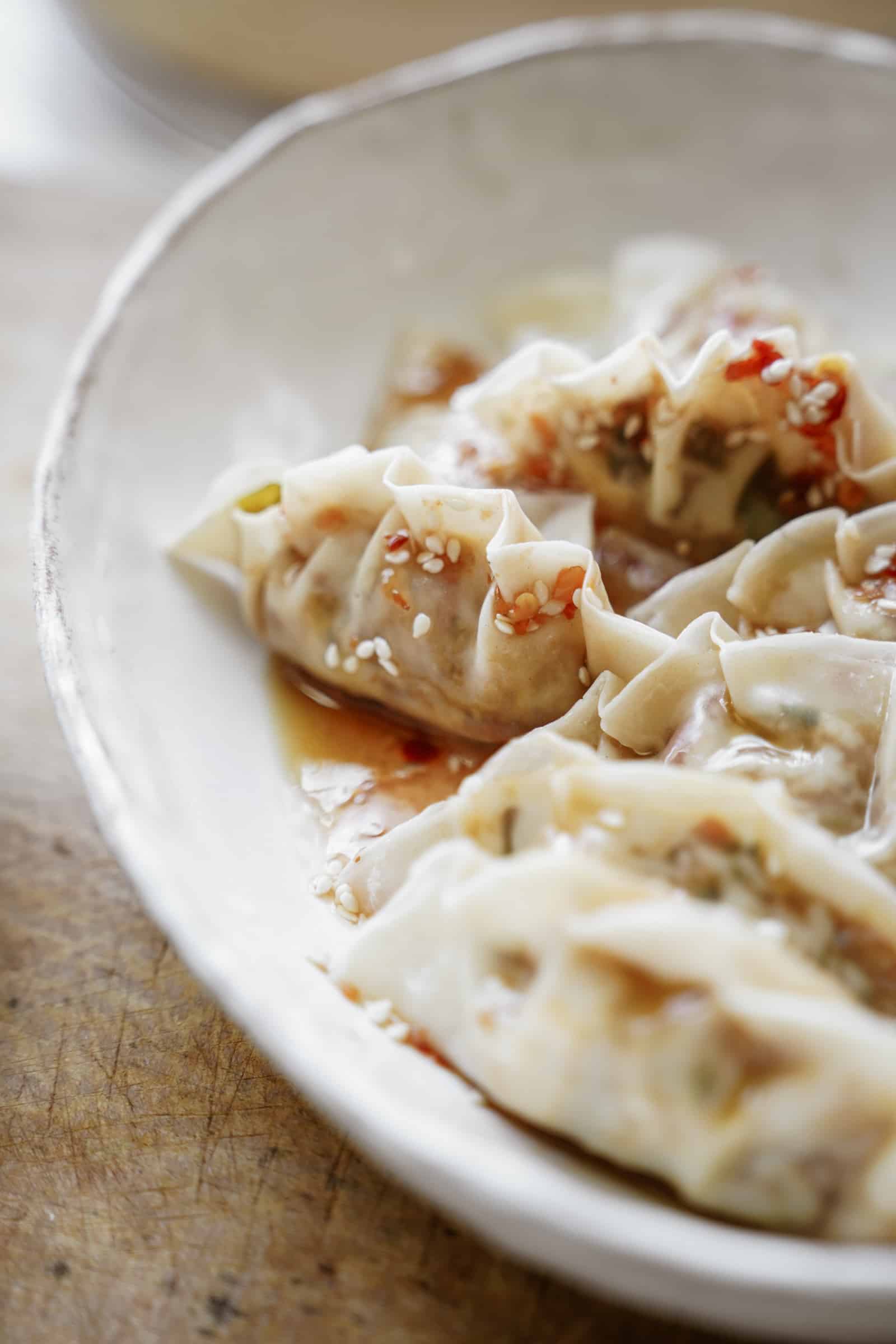 Close-up of vegan potstickers in a bowl