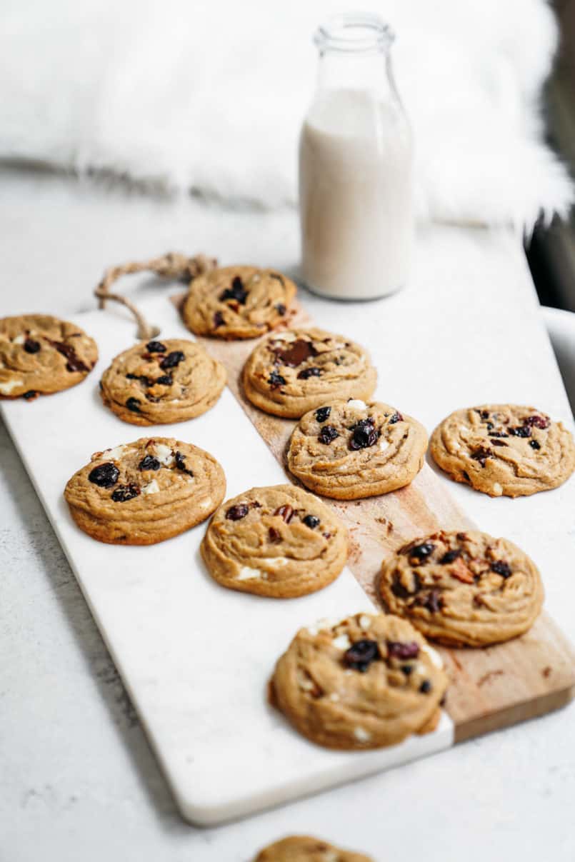 These plant-based, one bowl, white and dark chocolate chip cranberry cookies are super easy to make and are perfectly chewy and delicious!