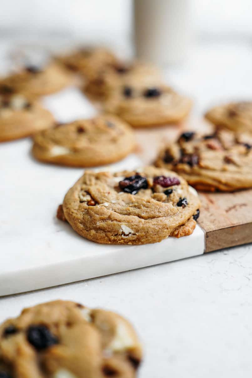 These plant-based, one bowl, white and dark chocolate chip cranberry cookies are super easy to make and are perfectly chewy and delicious!