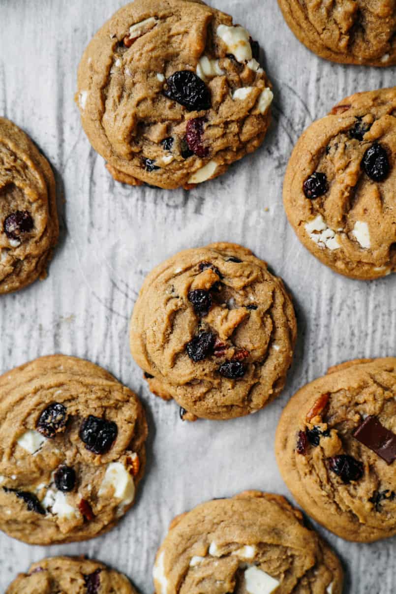 These plant-based, one bowl, white and dark chocolate chip cranberry cookies are super easy to make and are perfectly chewy and delicious!