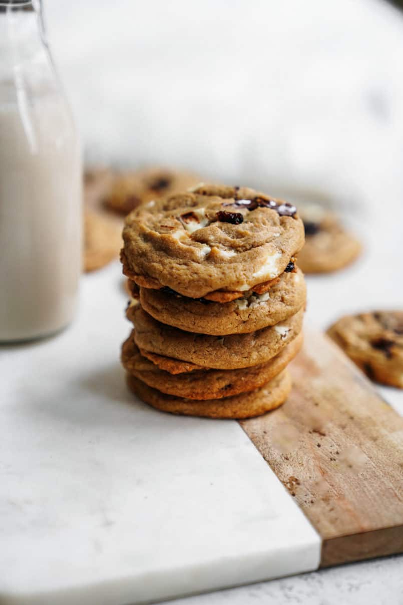 These plant-based, one bowl, white and dark chocolate chip cranberry cookies are super easy to make and are perfectly chewy and delicious!