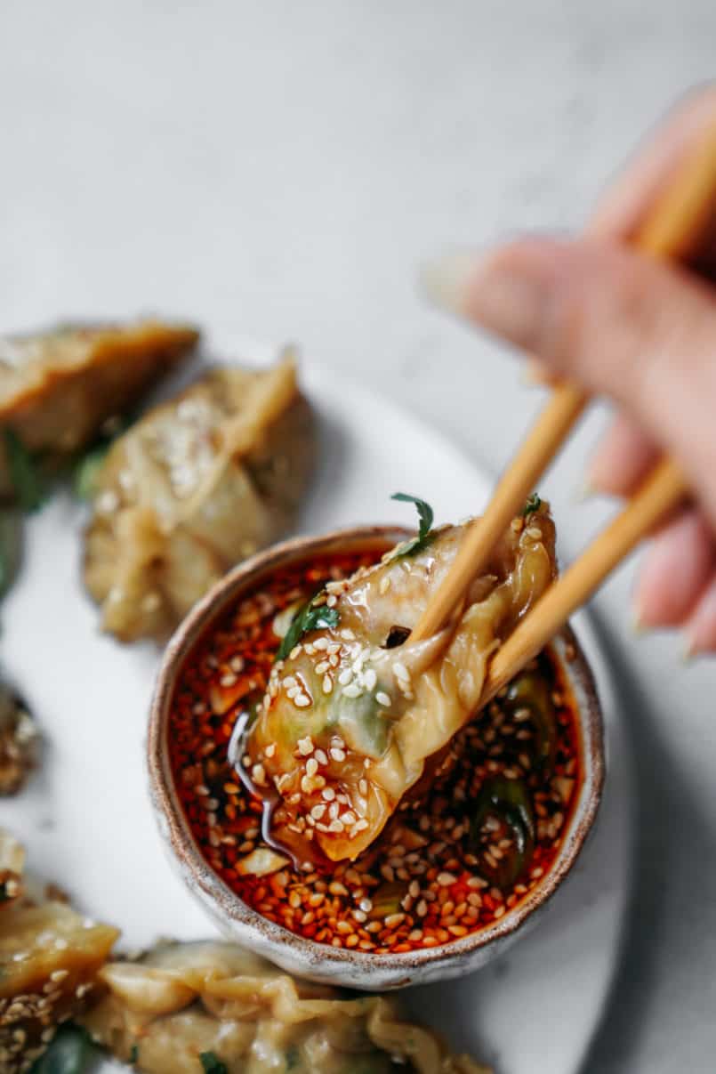 This super easy vegan potsticker recipe goes so well with my sesame chilli dipping sauce. Your whole family will love making and eating them!