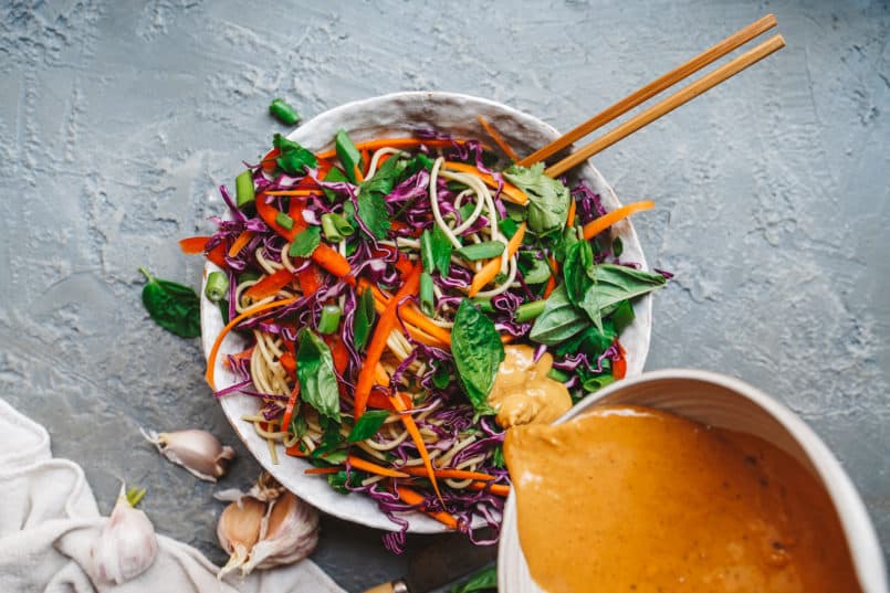 This spicy Thai sunflower noodle salad is super easy to make and allergen free thanks to its plant-based sunflower seed dressing.