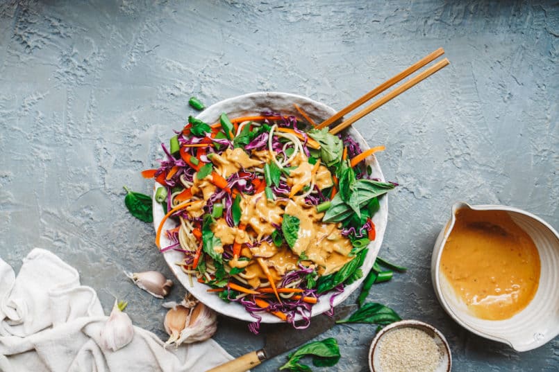 This spicy Thai sunflower noodle salad is super easy to make and allergen free thanks to its plant-based sunflower seed dressing.