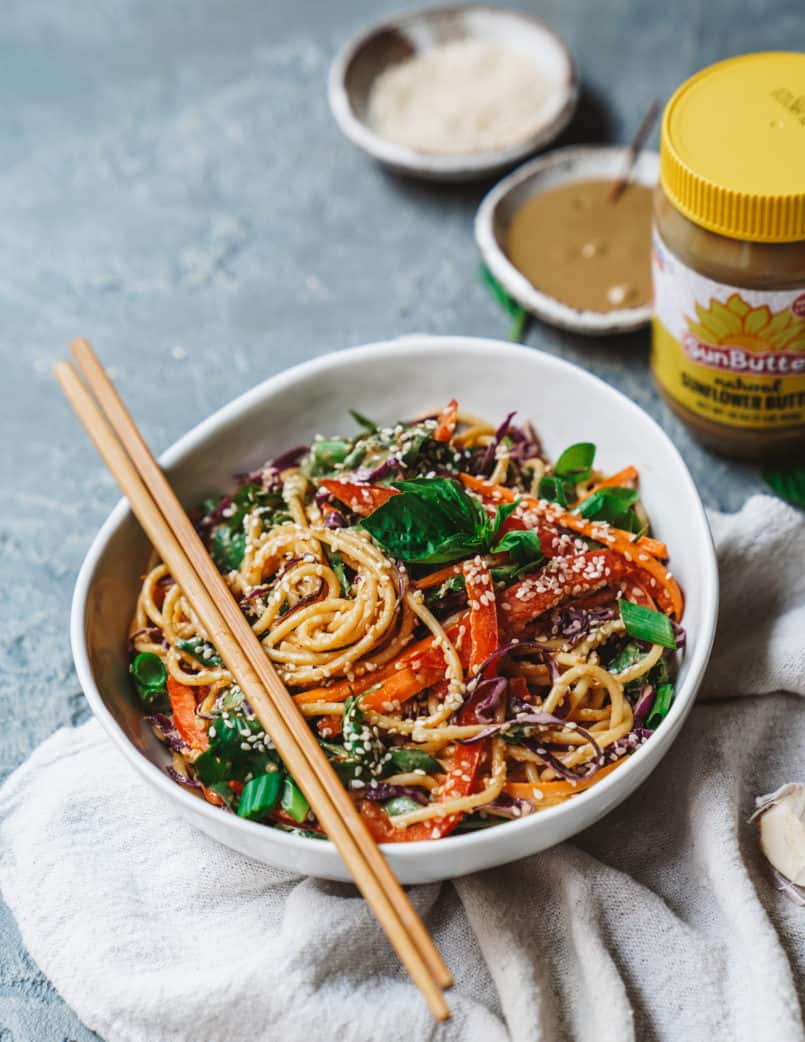 This spicy Thai sunflower noodle salad is super easy to make and allergen free thanks to its plant-based sunflower seed dressing.