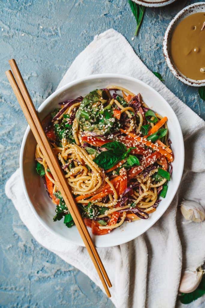 This spicy Thai sunflower noodle salad is super easy to make and allergen free thanks to its plant-based sunflower seed dressing.