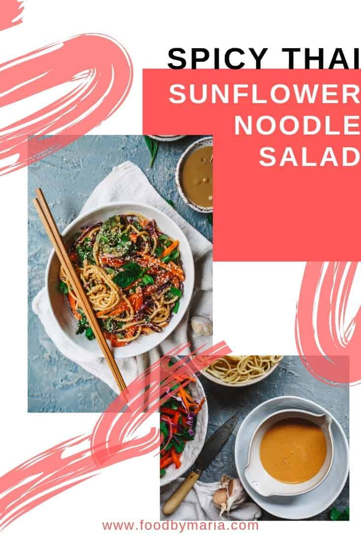 This spicy Thai sunflower noodle salad is super easy to make and allergen free thanks to its plant-based sunflower seed dressing.