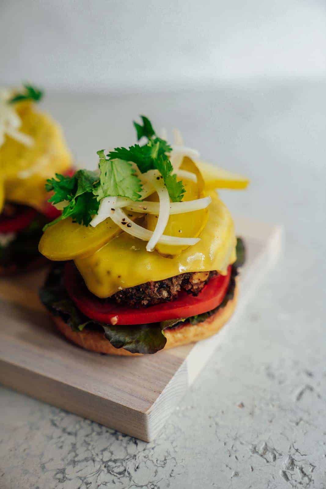 Vegan black bean burger on a cutting board