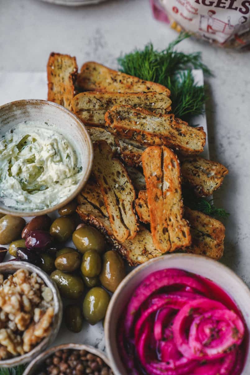 These vegan bagel snacks are perfect for your next party smeared with vegan cheese!