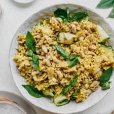 Vegan Pasta recipe that is perfect for your next potluck. Big bowl on white countertop.