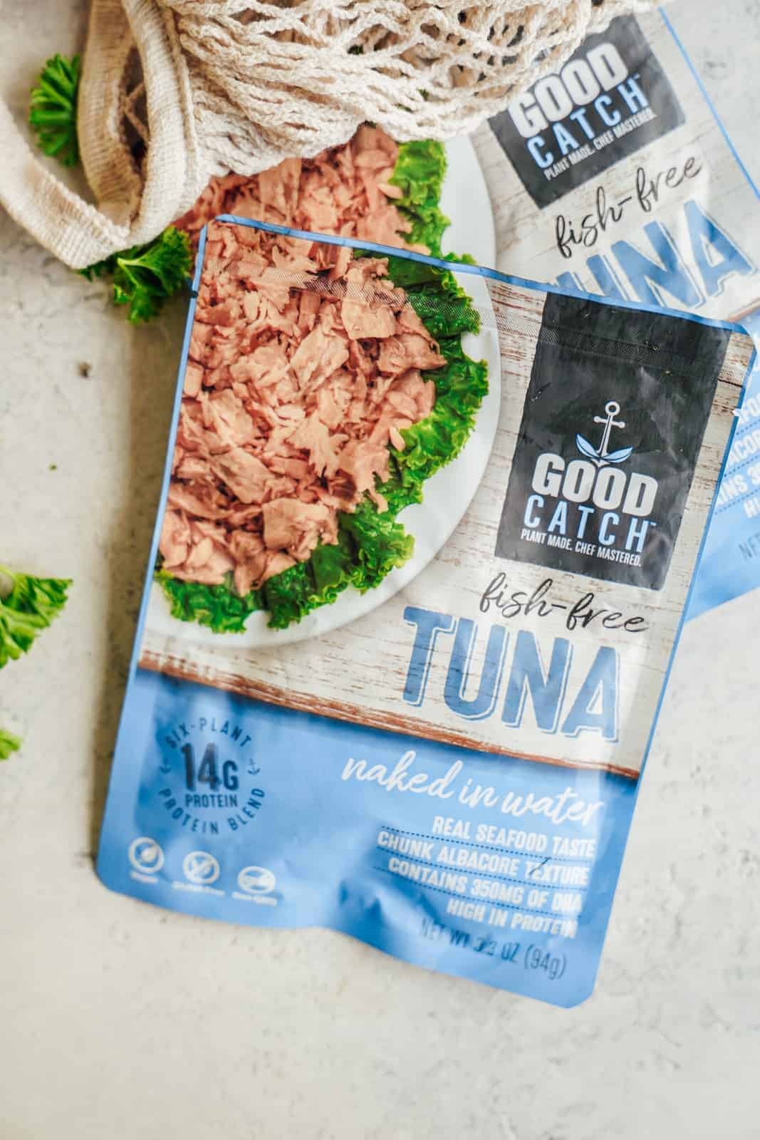Good Catch Food vegan tuna on countertop.