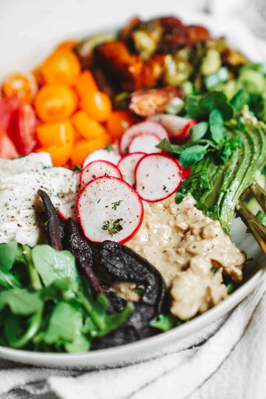 Close-up of a vegan cobb salad in serving bowl