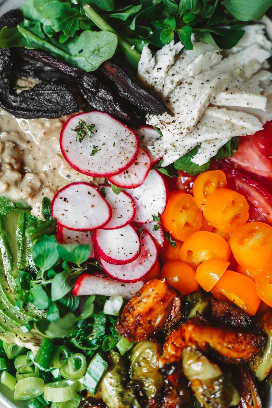 Close-up of a colorful vegan cobb salad