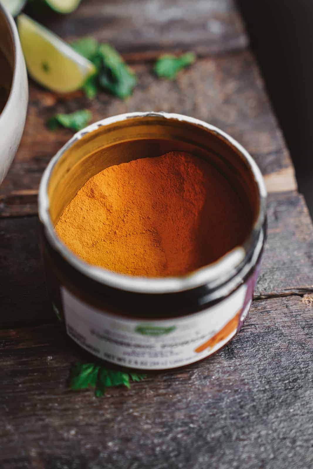 Up close of the Nature's Way Turmeric Powder in container.