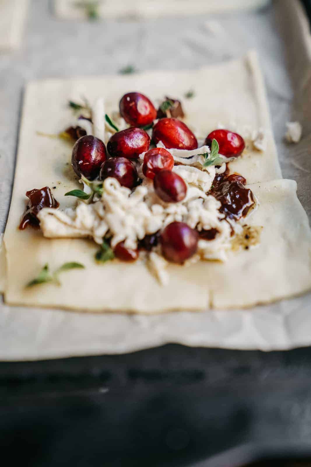 Close-up of vegan cranberry cheese tarts prior to being cooked.