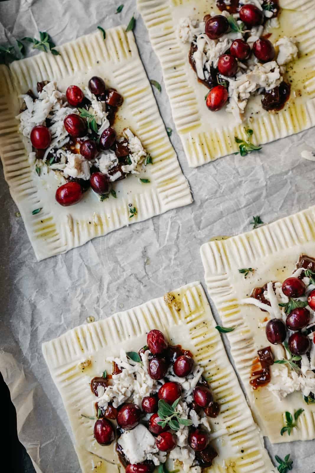 Close-up of vegan cranberry cheese tarts prior to being cooked.