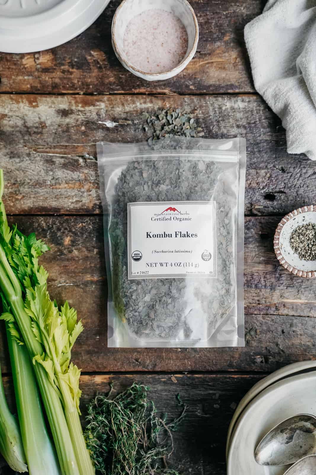 Kombu Flakes on countertop for homemade vegetable broth recipe