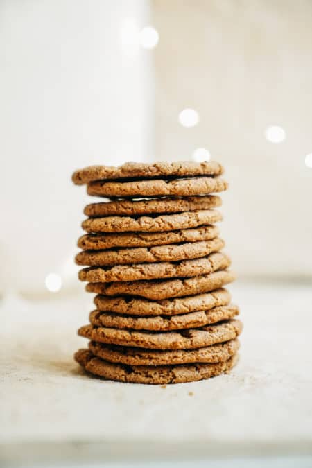 Sunbutter cookies made with sunflower butter stacked on counter