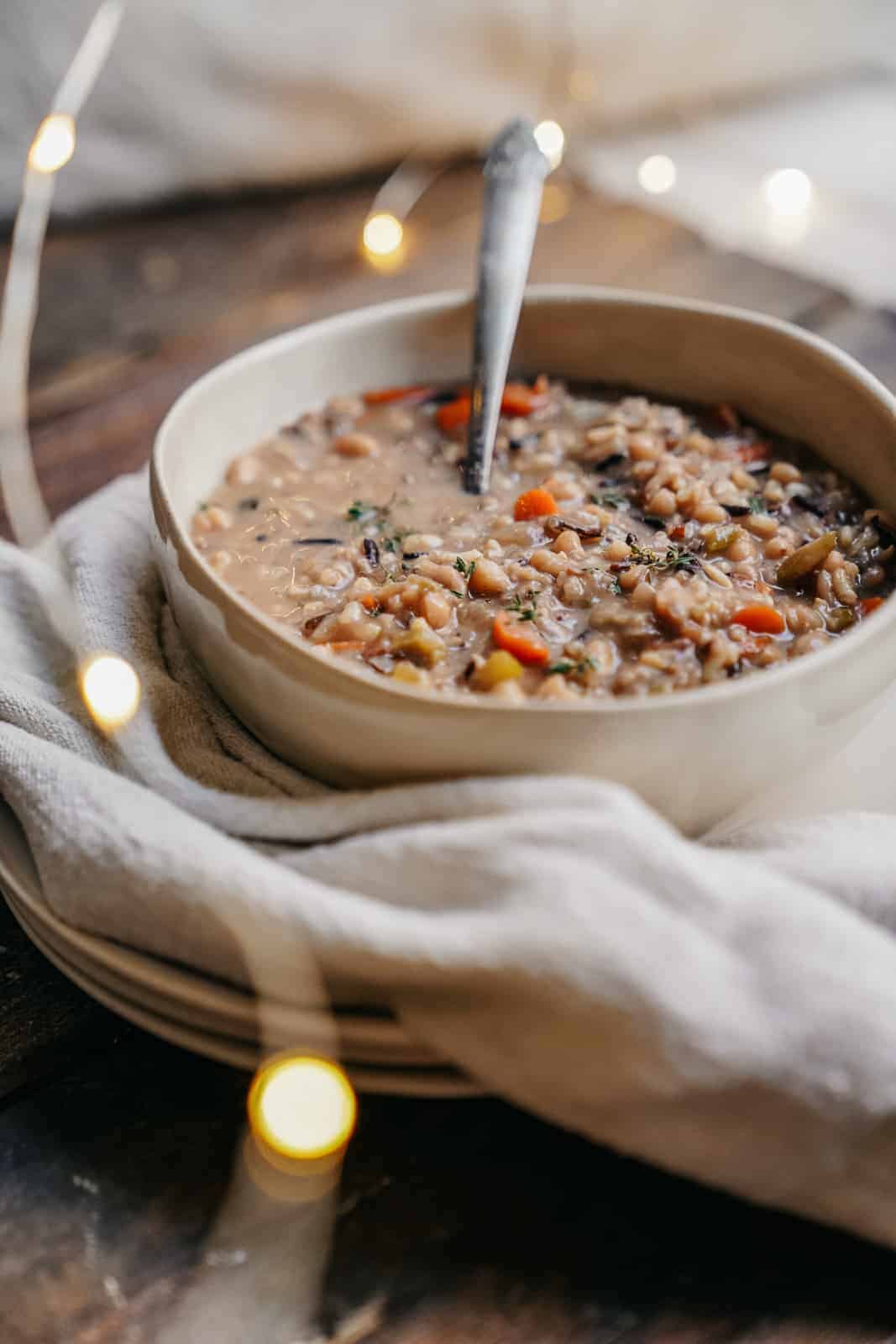 Tasty and nourishing vegan pot pie filling with beans, brown rice and vegetables