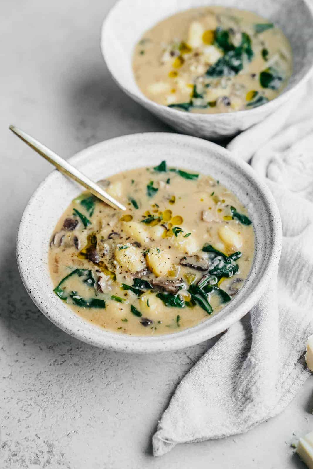 Creamy Spinach + Mushroom Gnocchi Soup | FoodByMaria