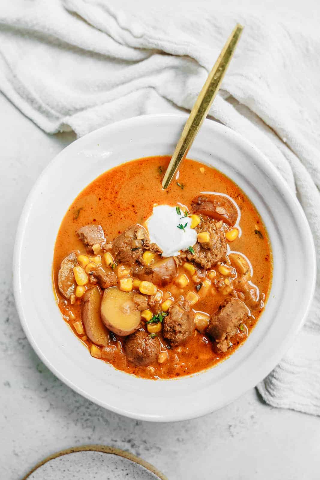 Close-up of big bowl of chipotle soup to demonstrate the use of garnishes in food photography.