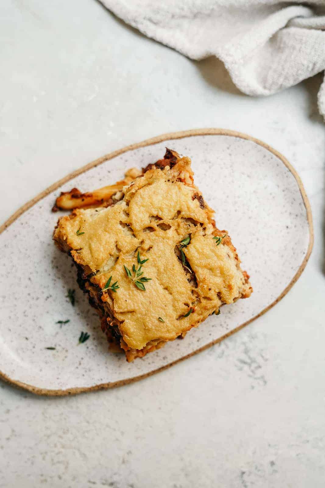 Slice of Greek Pastitsio from the birds-eye-view.