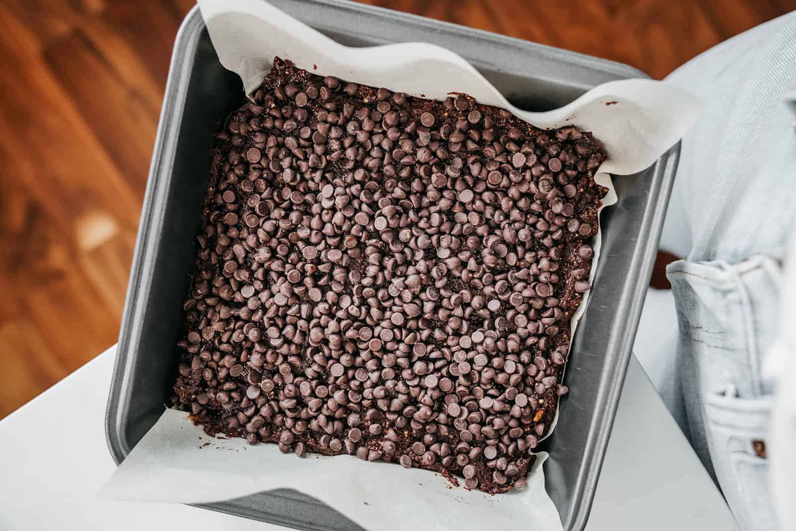 Almond Flour Brownies in pan ready to be baked in the oven.