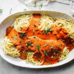 Food photography tricks that will help you ace food photos like this vegan spaghetti sauce in a big serving bowl.