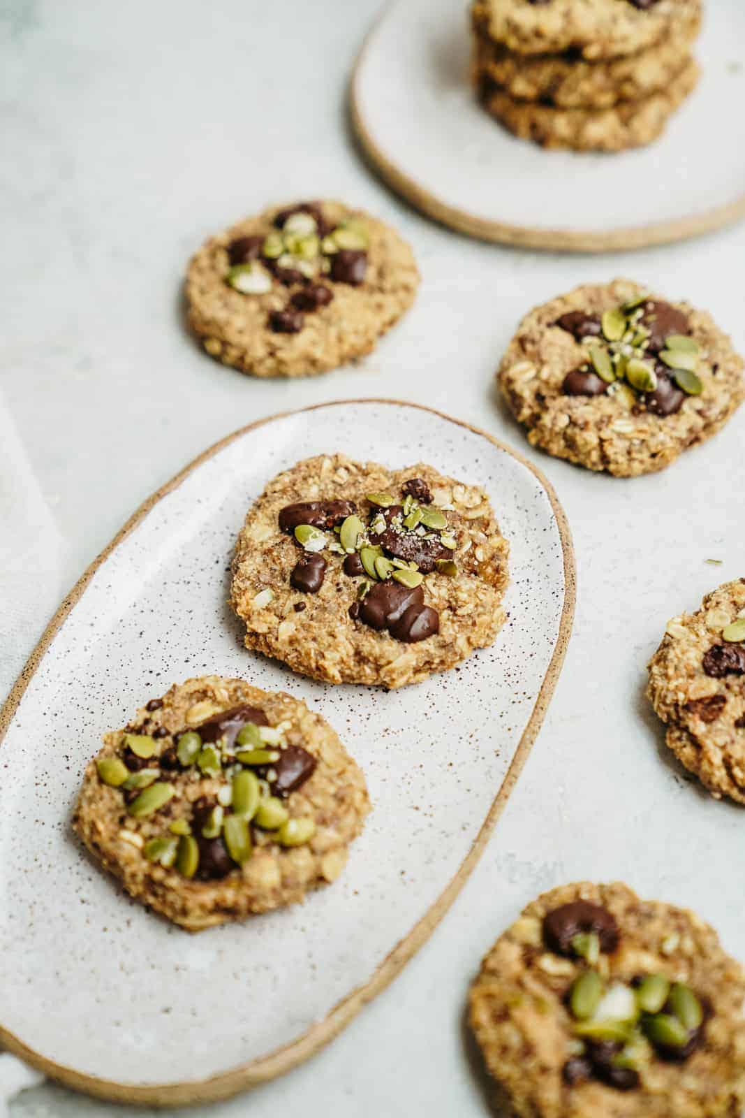 Breakfast cookies on a plate and on countertop