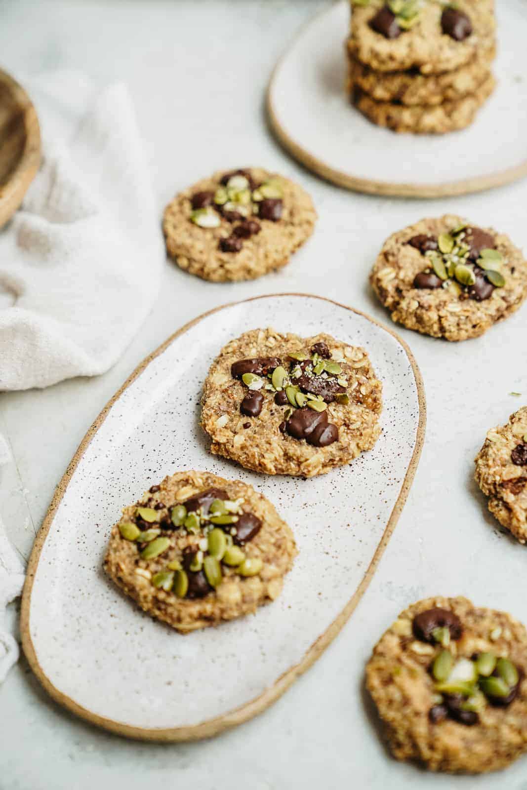 Breakfast cookies on a plate and on countertop