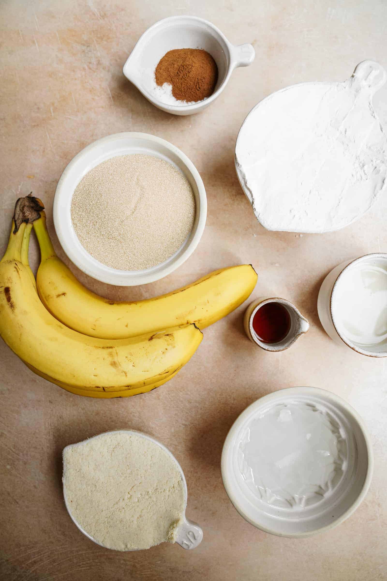 Ingredients for banana bread muffins on a counter