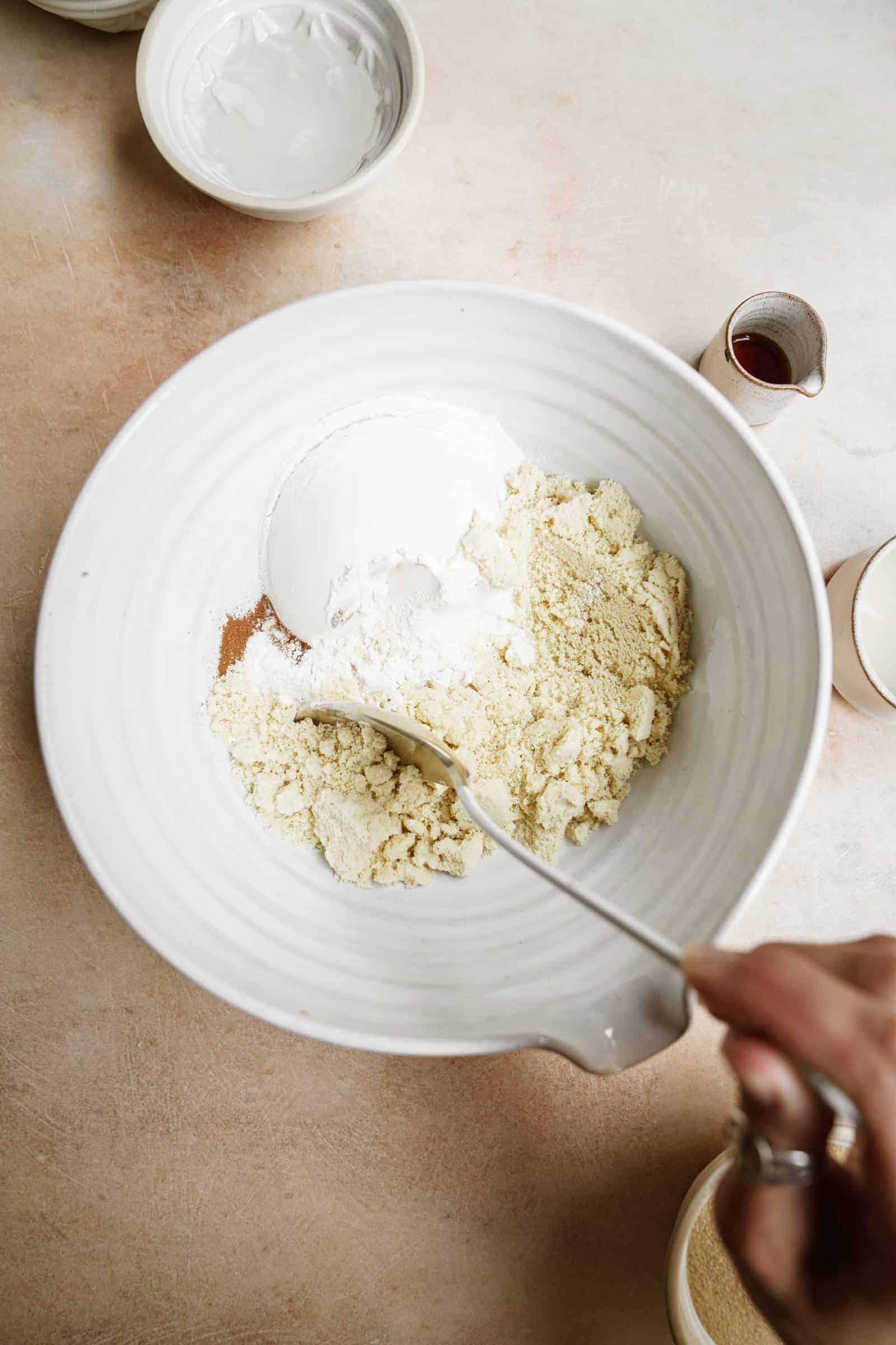 Dry ingredients for vegan banana muffins in bowl