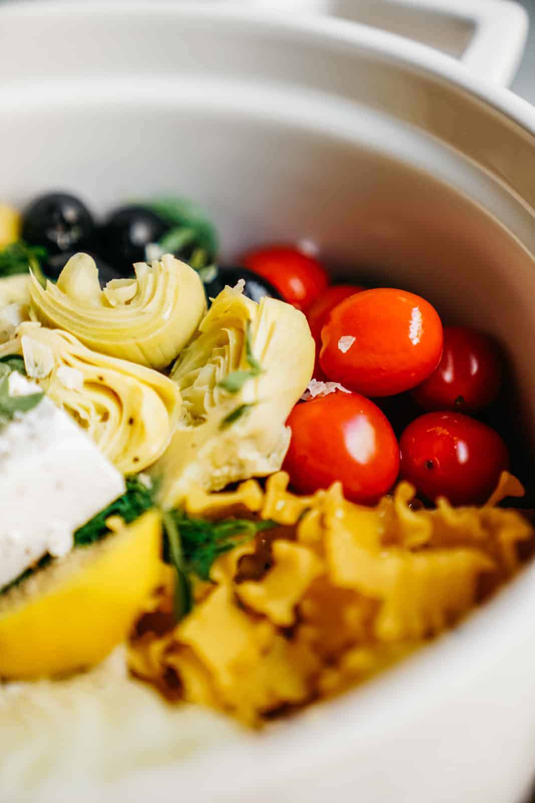 Vegan pasta dish in a white serving dish