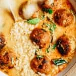 Close-up shot showcasing the details of the yummy coconut curry meatball soup. One of my fav, comforting vegan meals.