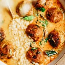 Close-up shot showcasing the details of the yummy coconut curry meatball soup. One of my fav, comforting vegan meals.